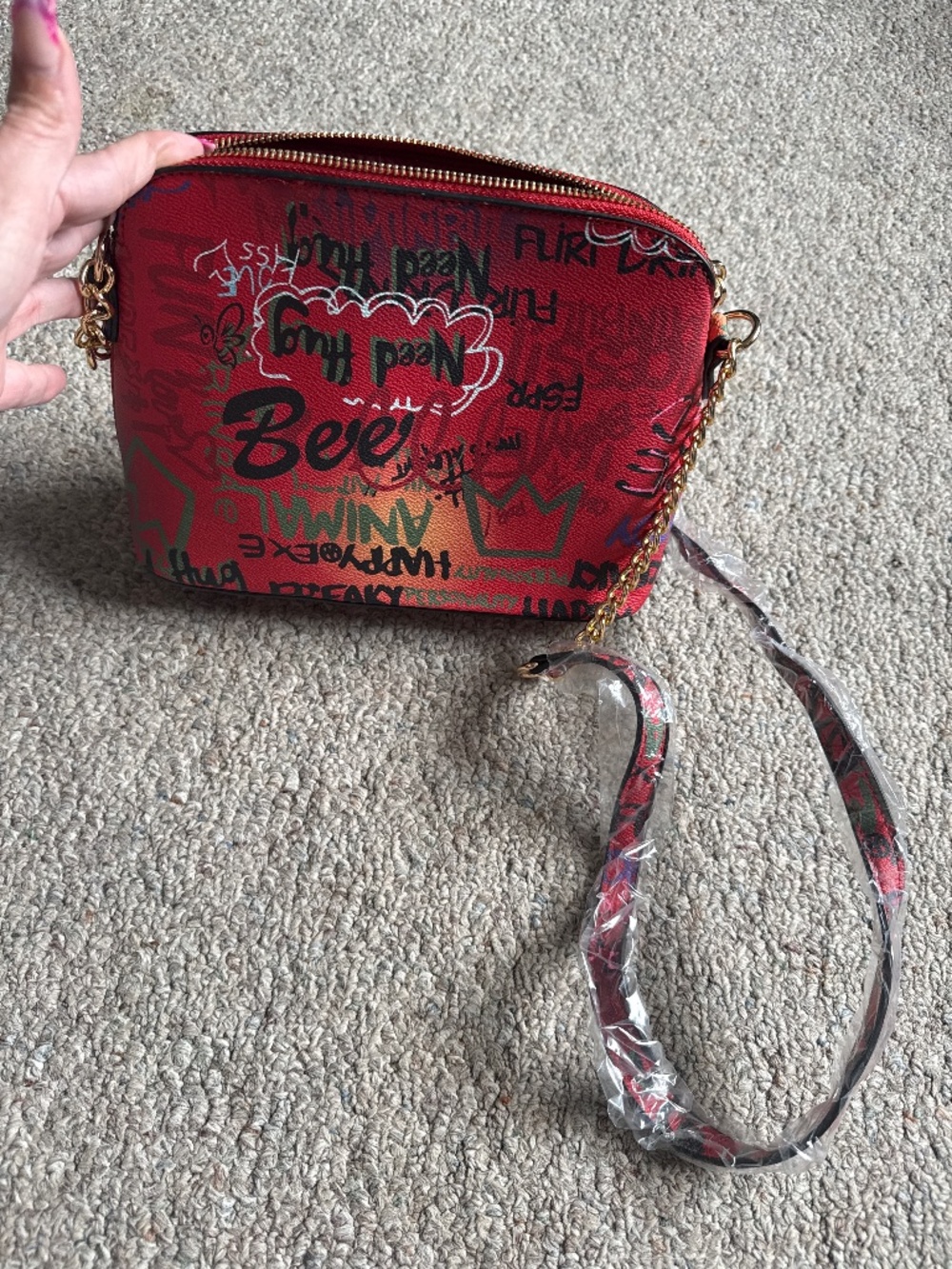 Red Graffiti Print Crossbody Bag with Adjustable Strap NWOT